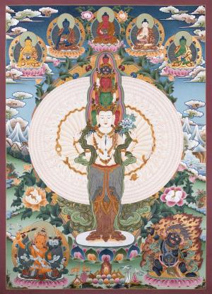 1000 Armed Chenrezig | Surrounded by 5 Buddhas, Manjushri and Vajrapani | Tibetan Bodhisattva